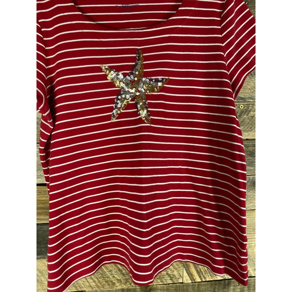 Croft & Barrow Women's XL Red White Striped Top Sequin Starfish - Picture 5 of 13
